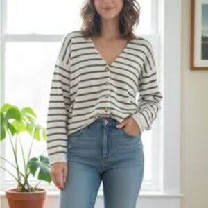 Joie White Striped Button-Front Cardigan Sweater  Size XL